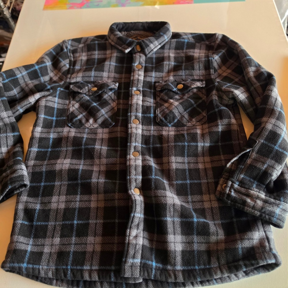 Freedom Foundry Boys Plaid Sherpa Lined Fleece Shirt Jacket Blue Grey L 14/16